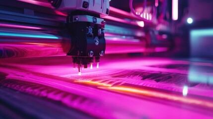 Poster - Vibrant Laser Cutting Machine in Action with Colorful Lights