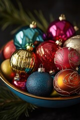 Poster - Decorative bowl filled with colorful Christmas ornaments on a table