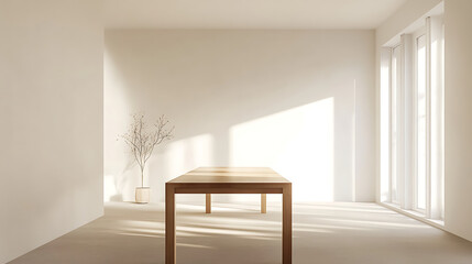 Wall Mural - A large wooden table sits in a room with a white wall and a potted plant