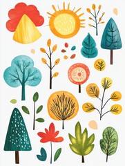 Poster - Colorful stickers featuring nature elements like trees, mountains, and sun suitable for creative projects or decoration. Generative AI