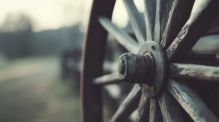 Wall Mural - Rustic wooden wagon wheel, rural setting, dawn