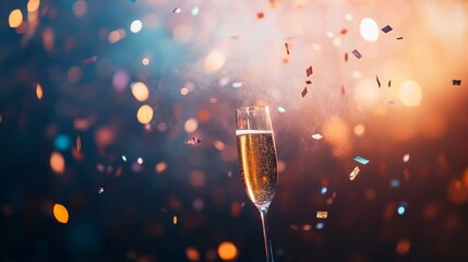 Fototapete - Mid-toast champagne glass sparkles amid swirling gold and silver confetti, surrounded by soft, colorful lights creating a joyful atmosphere for celebration