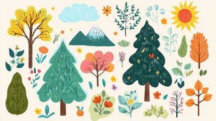 Poster - Colorful stickers of trees, flowers, mountains, and clouds designed for creative projects. Generative AI