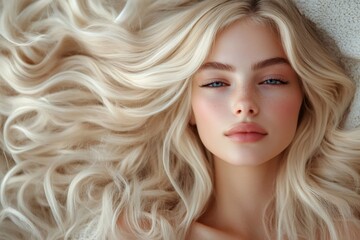 Wall Mural - Beautiful blonde model lying down showing long healthy hair