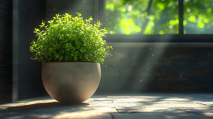 Wall Mural - Sunlit potted plant indoors, near window, green leaves, dust motes, interior design