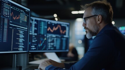 A man is sitting in front of two computer monitors, one of which is displaying a graph. He is focused on the screen, possibly analyzing data or making a decision