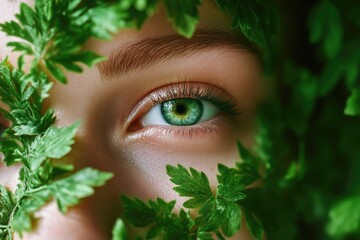 Wall Mural - A close-up shot of a person's eye surrounded by green leaves, great for environmental or nature-themed projects