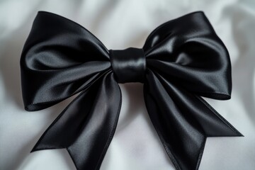 Canvas Print - A close-up shot of a black bow tied on a white sheet, ideal for use in wedding or formal event designs