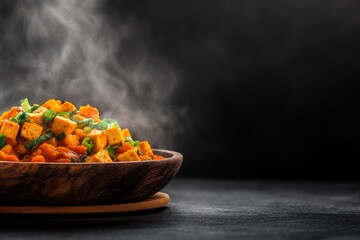 Poster - Traditional miso soup served in a wooden bowl, featuring fresh green onions and tofu cubes, with steam rising in a warm and inviting environment