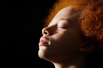 Poster - Soft diffused light highlights the delicate features of an albinistic man with closed eyes, showcasing the intricate textures of his skin and hair