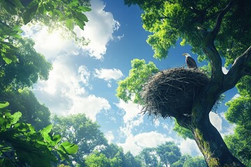 majestic eagle perched on a large nest atop a tall tree, surrounded by lush green foliage and a brig