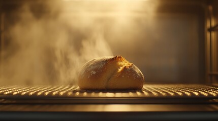 Poster - Freshly baked artisan bread sits on a rack inside an oven, golden and crusty, while steam rises in the warm glow of the interior light