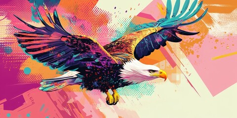 Canvas Print - A vibrant pop art illustration of an eagle in mid-flight with bold, colorful splashes and dynamic geometric patterns in the background