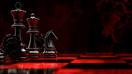 Poster - Close-up of a black and red chessboard with a focus on the king, queen, and knight chess pieces in a dramatic lighting, symbolizing strategy and intelligence in chess.