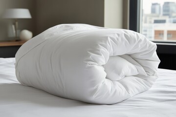 Poster - Neatly arranged pillow sits on a folded duvet with gentle textures, illuminated by natural light streaming through a window in a contemporary bedroom