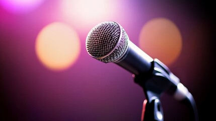 Poster - Detailed close-up captures a microphone on a sleek stand, illuminated by soft lights with colorful bokeh in the background, enhancing the performance-ready vibe