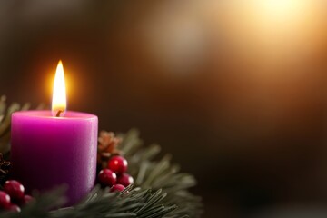 Poster - A purple candle flickers warmly atop an advent wreath made of evergreen branches and adorned with red berries and small ornaments, creating a cozy ambiance