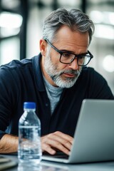  - A person sitting at a desk with a laptop, likely doing work or communicating
