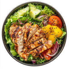 Wall Mural - Bowl of Grilled Chicken Salad, Salad Bowl Style, top view, stock photo, isolated on white, photorealistic food