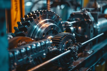 Poster - Industrial machinery is operating with interlocking metal gears transmitting torque and rotation