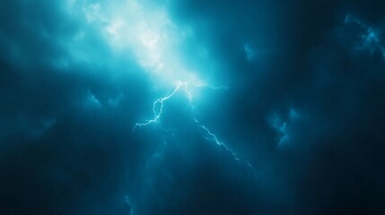 Poster - A vivid blue lightning bolt strikes against a dark and stormy sky, showcasing dramatic branching patterns while providing ample copy space on the right