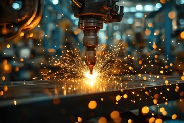 Aufkleber - Industrial laser cutting metal and producing sparks in a factory