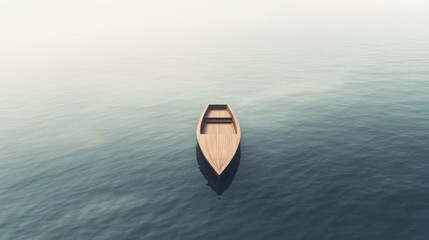 Wall Mural - Solitary wooden boat on calm water, misty background