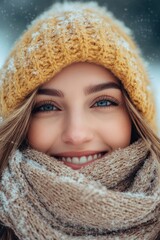 Poster - A woman wearing a bright yellow hat and matching scarf, smiling directly at the camera