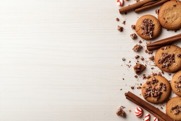 Aufkleber - Flat-lay composition features festive gingerbread cookies, cinnamon sticks, and crushed candy canes, creating a cheerful holiday vibe on a wooden table