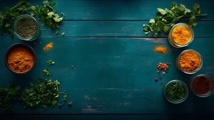 Poster - A vibrant flat-lay shows a bowl of colorful dried herbs and spices, alongside jars and seasoning powders on a rustic wooden surface