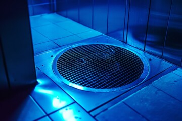 Poster - Round metal grate is covering a drain in an industrial floor with blue light