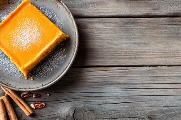 Poster - A perfectly baked pumpkin pecan bar rests on a rustic plate, surrounded by cinnamon sticks and crumbs on a weathered wooden table, inviting a cozy, autumnal feel