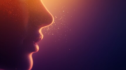 Fototapete - Close-up view of a digital human face features flowing light patterns and particles dispersing, set in a gradient background offering room for text placement