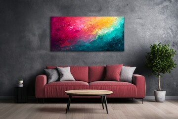 Poster - Cozy living room features a stylish coffee table, a green indoor plant, and an eye-catching abstract painting in a serene setting with ample copy space