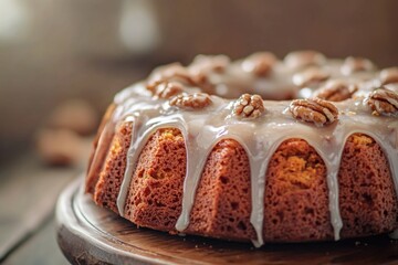 Wall Mural - A delicious bundt cake sits atop a rustic wooden plate, perfect for a cozy dinner party or morning brunch