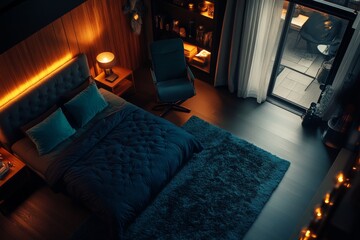 Poster - Stylish home decor arrangement showcases a single elegant chair, plush cushions, and a well-designed rug, creating a warm and inviting ambiance