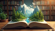 © Melissa - A magical image of an open book with a 3D landscape showing a lush forest with mountains, a river and birds flying out of the book. Concept of reading with imagination