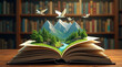 © Melissa - A magical image of an open book with a 3D landscape showing a lush forest with mountains, a river and birds flying out of the book. Concept of reading with imagination