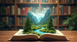 © Melissa - A magical image of an open book with a 3D landscape showing a lush forest with mountains, a river and birds flying out of the book. Concept of reading with imagination