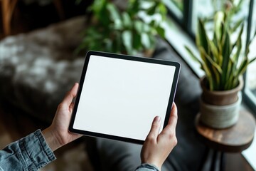 Poster - a person holding a tablet with a blank white screen