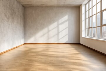 Aufkleber - Modern minimalistic interior featuring a spacious empty room with a textured concrete wall and natural light, ideal for architectural and design concepts
