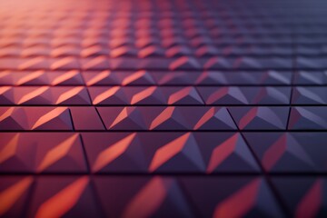Fototapete - A low-angle close-up captures glowing neon triangles in a geometric arrangement against a dark background, featuring dynamic lines and engaging visual effects