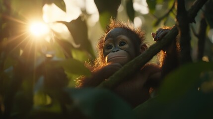 Poster - A baby orangutan grips a thin branch while peering through thick green leaves, illuminated by gentle sunlight streaming into its jungle home