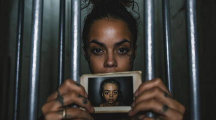 Wall Mural - A woman stands behind cold metal bars in a prison cell, expressing deep emotions as she holds a photograph of her former self. The surroundings evoke a sense of confinement and longing for liberation