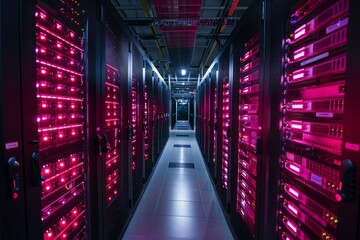 Fototapete - Network server room with bright pink lights is housing server racks