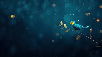 Wall Mural -   A blue bird perched on a twig, with a yellow eye and leaves on a branch in the foreground