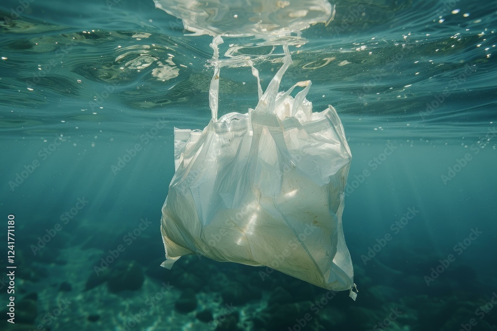 Plastic shopping bag floating underwater showing the impact pollution ...