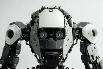 Poster - A close-up view of a robot in black and white, providing a unique perspective on the machine's design