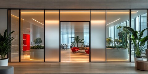 Poster - Modern office design features glass walls, vibrant greenery, and stylish furniture in a spacious workspace during daylight hours