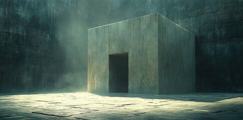 Poster - Mysterious concrete structure in a dimly lit, atmospheric space with fog